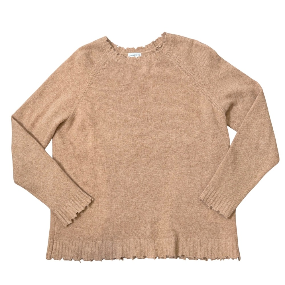 Pure Cashmere Raw Edge Camel Neutral Knit Sweater (M) Soft Winter Minnie Rose